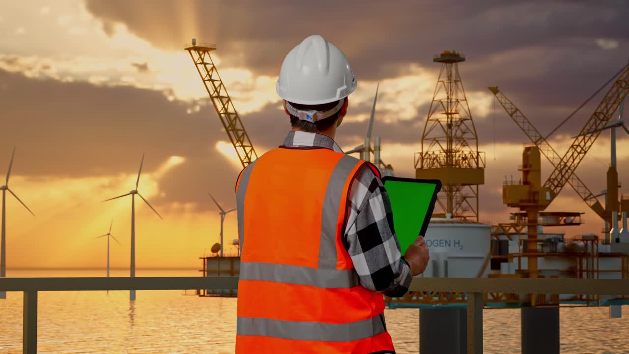 Back View Of Asian Male Engineer With Safety Helmet Working On A Green Screen Tablet And Looking Around While Standing With Offshore Hydrogen Production