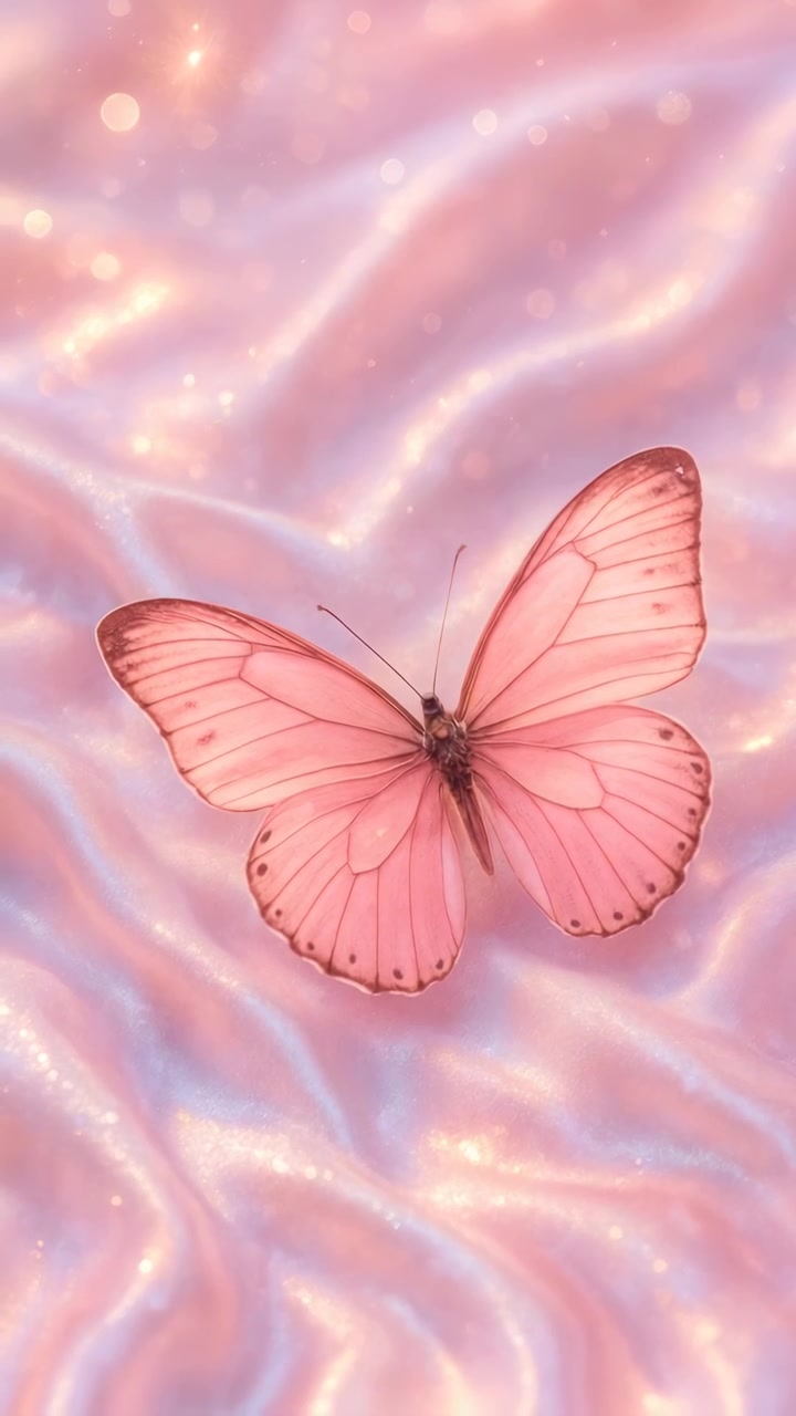 Farfalla rosa posata su tessuto di raso scintillante