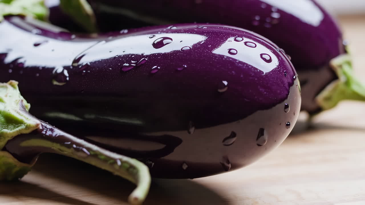 Fresh Purple Eggplants with Water Droplets