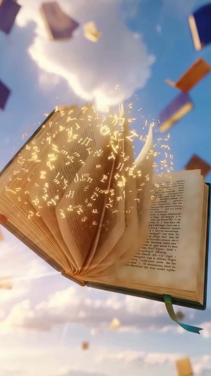 Libri Magici che Volano e si Aprono in un Cielo Azzurro Brillante