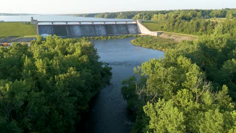 aerial flyover creek toward reservoir dam, hoover reservoir dam, westerville, ohio