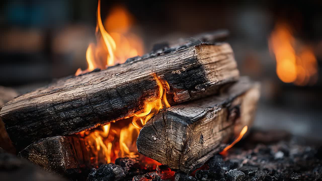 Captivating Flames: A Close-Up of Logs Burning in a Campfire, Showcasing the Intense Glow and Flickering Flames in a Cozy Atmosphere