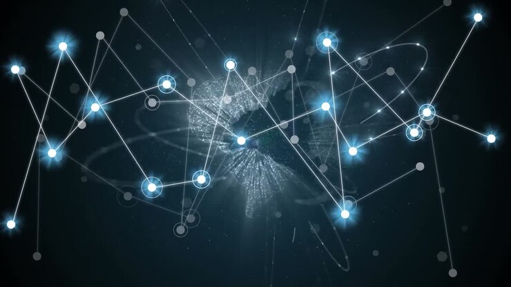 Animation of network of connections with glowing spots over globe on black background