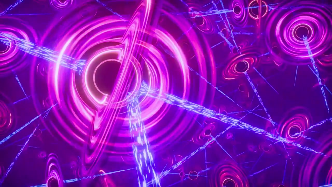 Sfondo Astratto Dinamico con Anelli Viola Neon e Raggi di Luce Blu