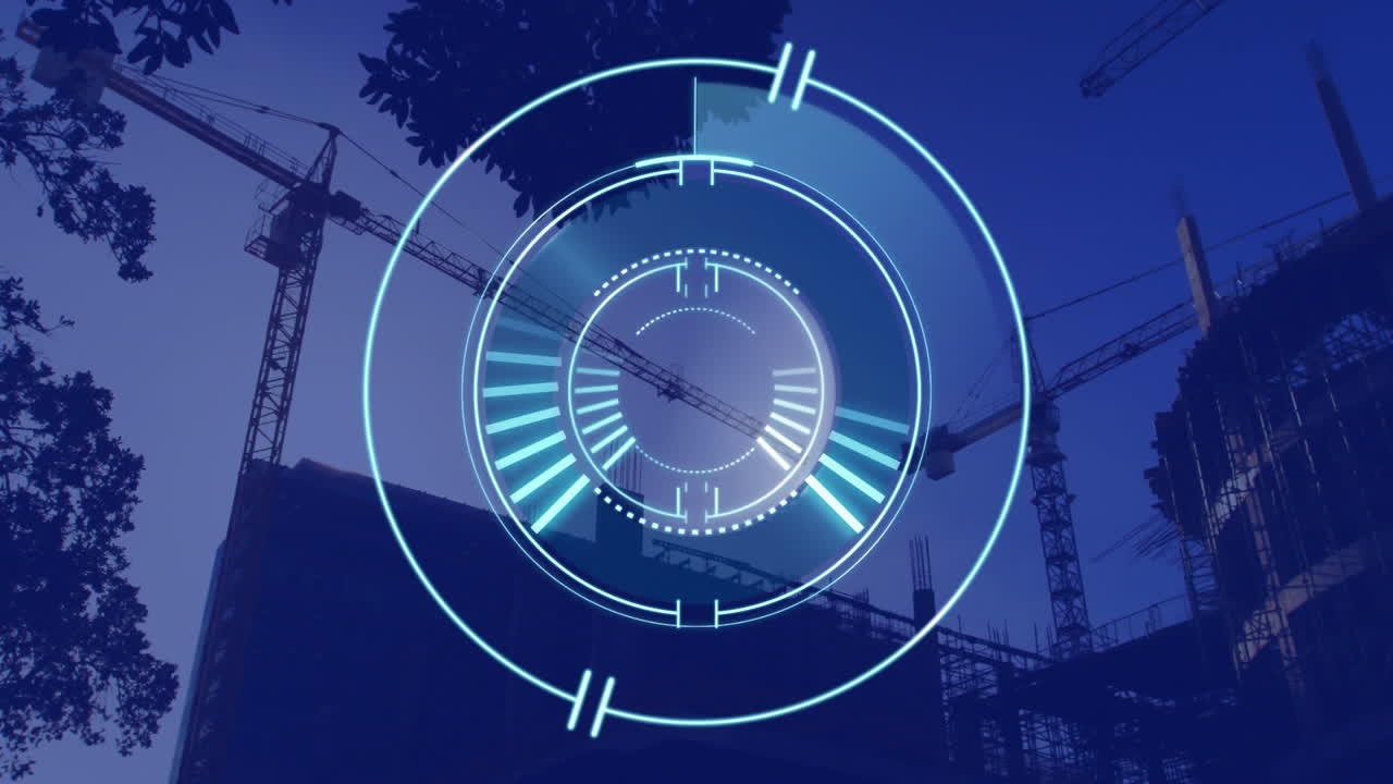 Futuristic data processing animation over construction cranes and building site