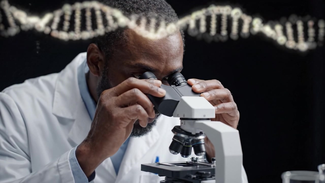 Dedicated Scientist Observes Microscopic Samples Through Microscope, Analyzing Cellular Structures and DNA Patterns in a Professional Laboratory Setting