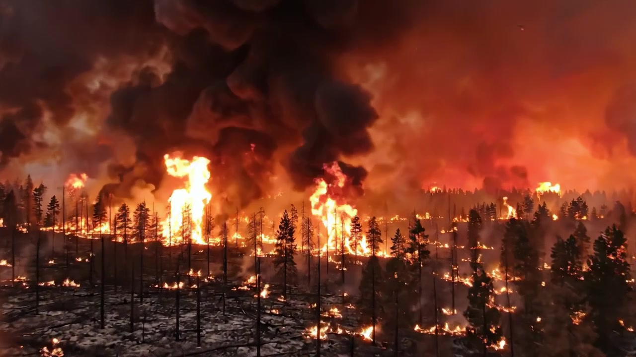 Intense Wildfire Rages Through Forest, Consuming Trees and Generating Thick Smoke, Highlighting Uncontrolled Flames and Destruction in Nature's Fury
