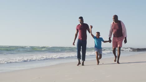 video of african american happy african american grandfather, father and son walking on beach