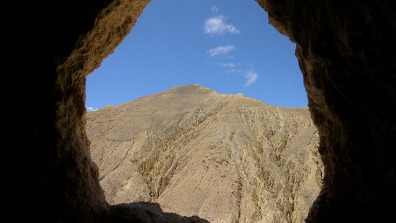 Dry hill view from inside the Chhoser cave in Upper Mustang Nepal