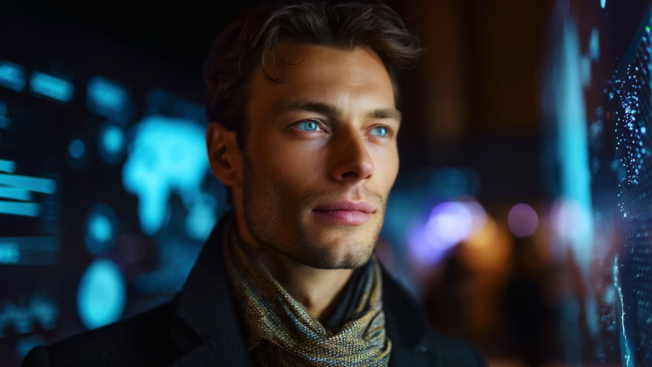 Un hombre reflexivo con ojos azules contempla el futuro mientras interactúa con pantallas digitales futuristas y componentes visuales de datos a su alrededor en un entorno urbano.
