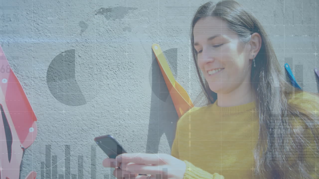 animación de estadísticas y procesamiento de datos sobre mujeres que usan teléfonos inteligentes