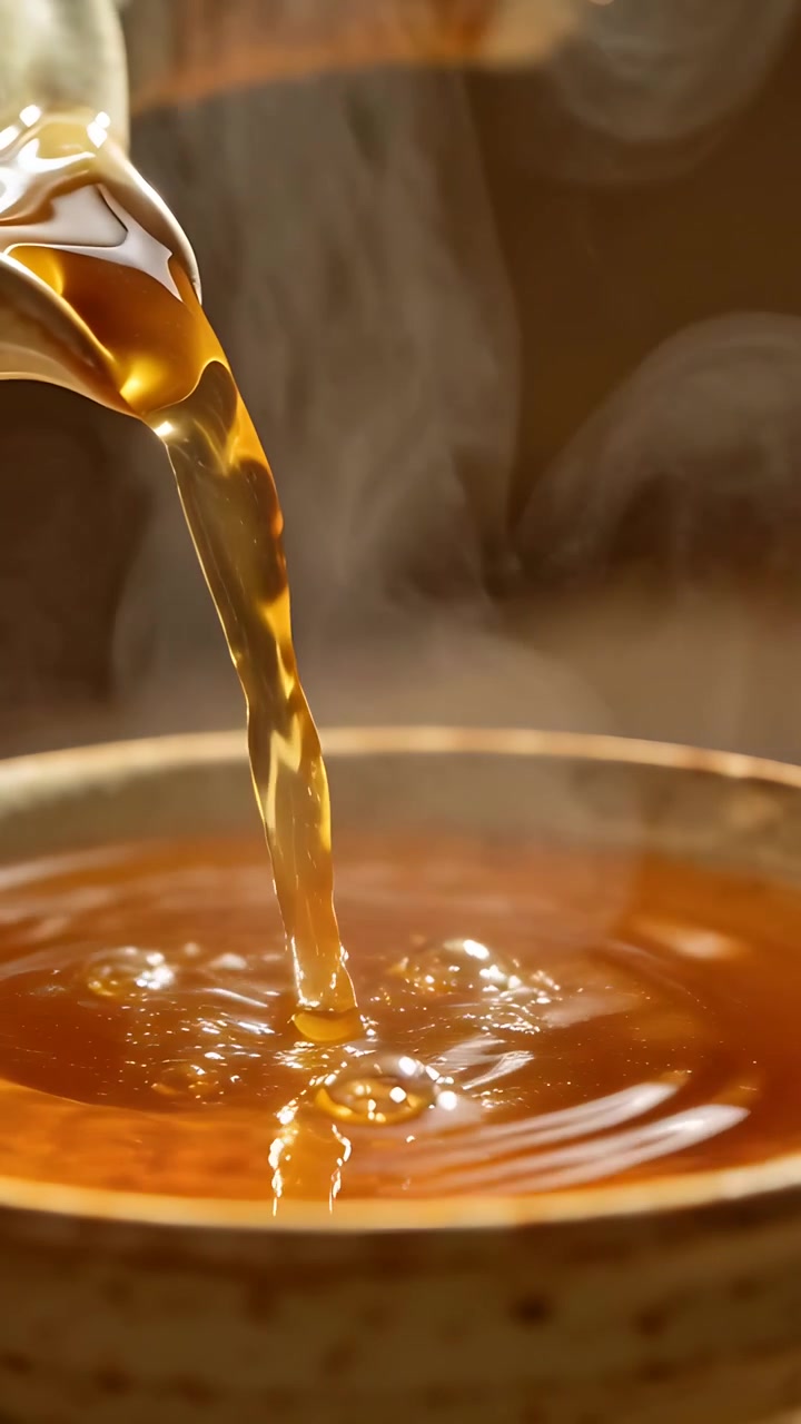 Video verticale: Beccuccio di teiera che si inclina versando liquido ambrato caldo in una ciotola di ceramica in cucina per il tè