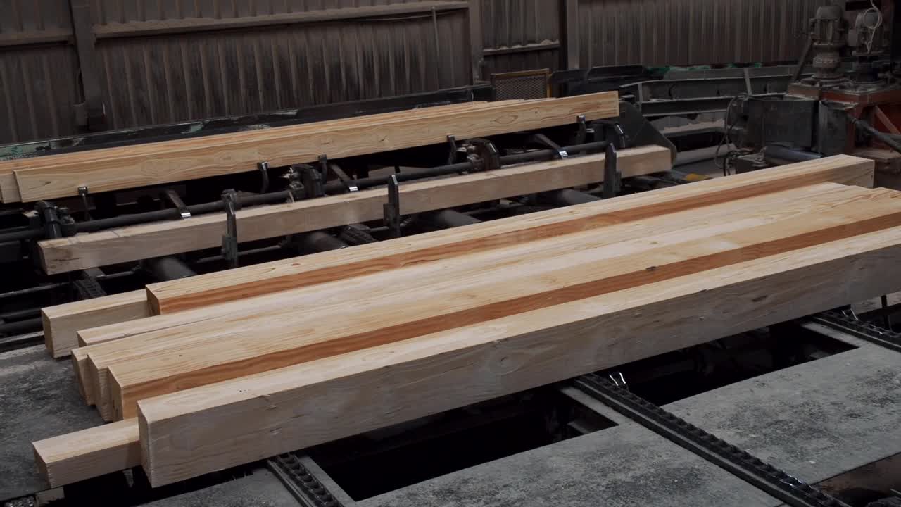 Edging long pieces of wood with lumber edger creating a smooth finish, sawmill