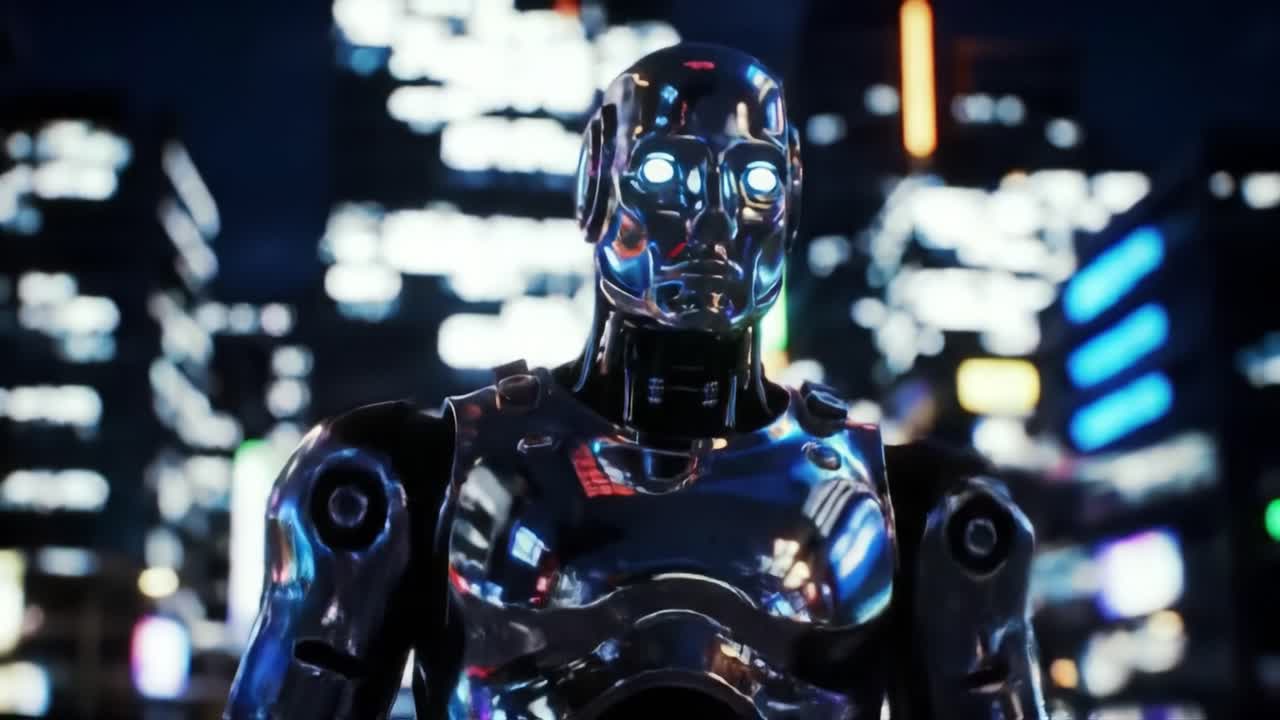 A sleek robot with reflective surfaces stands amidst a vibrant, illuminated cityscape at night. The futuristic setting highlights technology and urban life with dazzling lights.