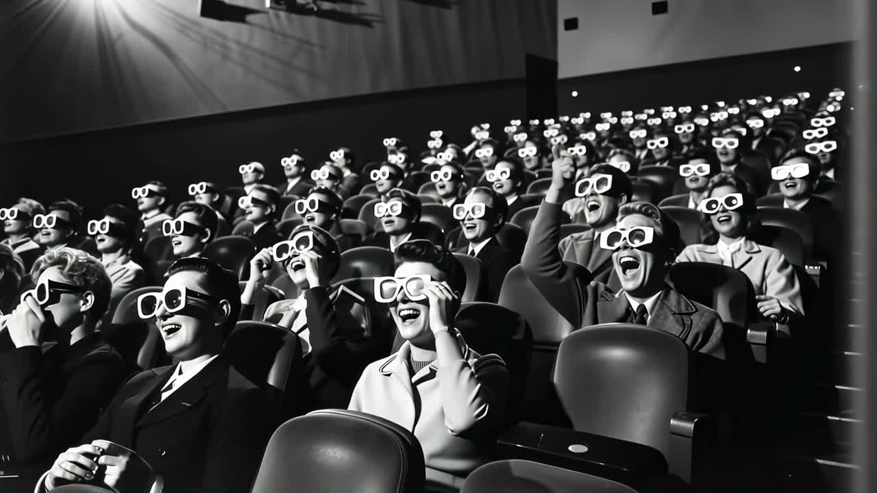 Black and white video still of an audience in 3D glasses, captured from a high angle