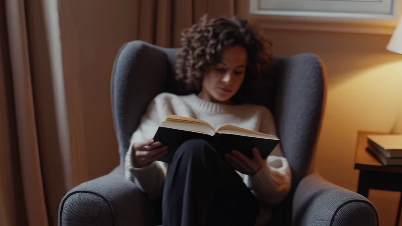 A Woman Relaxing and Reading a Book by Candlelight