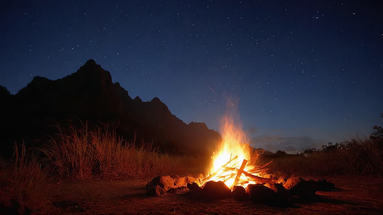 Uma cena noturna hipnotizante capturando o brilho de uma fogueira vibrante contra um céu estrelado, emoldurada por majestosas silhuetas de montanhas sob a imensidão celestial.