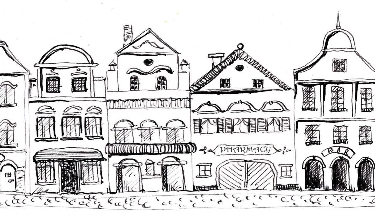 오래된 거리 산책. 손으로 그린 오래된 임대 주택과 함께 움직이는 배경. loopable 4k.