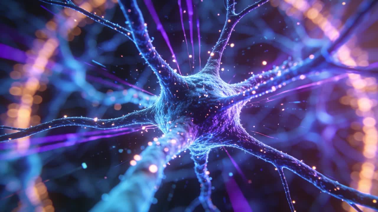 Moving camera revealing neuron soma pulsing, showing particles moving along dendrites in neural net