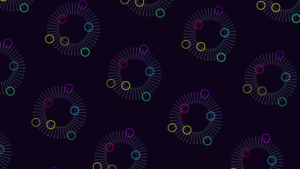 patrón de círculos y anillos abstractos de neón de arco iris futurista en el espacio oscuro