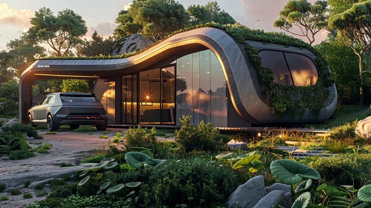 Futuristic Eco-Friendly Home with Green Roof and Electric Car