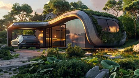 futuristic eco-friendly home with green roof and electric car