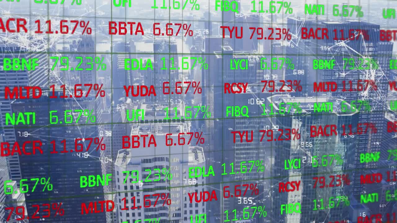 도시 풍경 위의 금융 데이터 처리 애니메이션