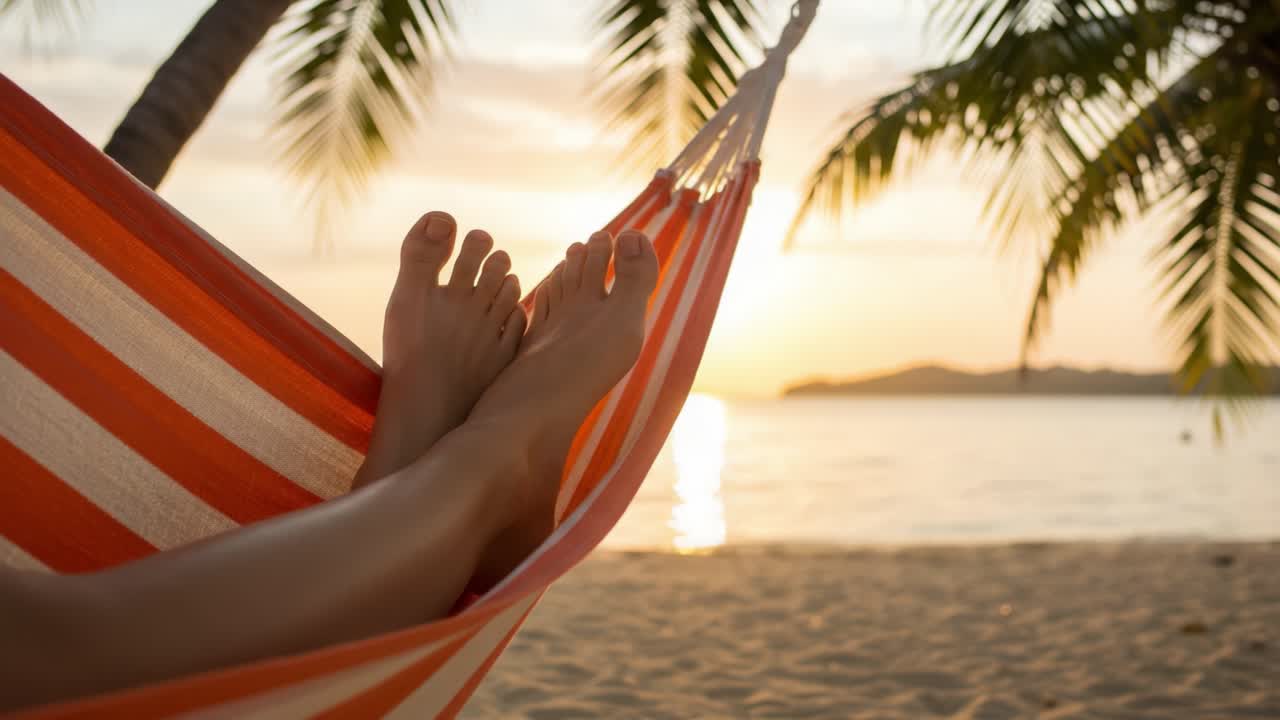 Relaxing Moments in a Tropical Paradise: Enjoying a Hammock at Sunset with Bare Feet on a Sandy Beach Surrounded by Palm Trees and Distant Waves