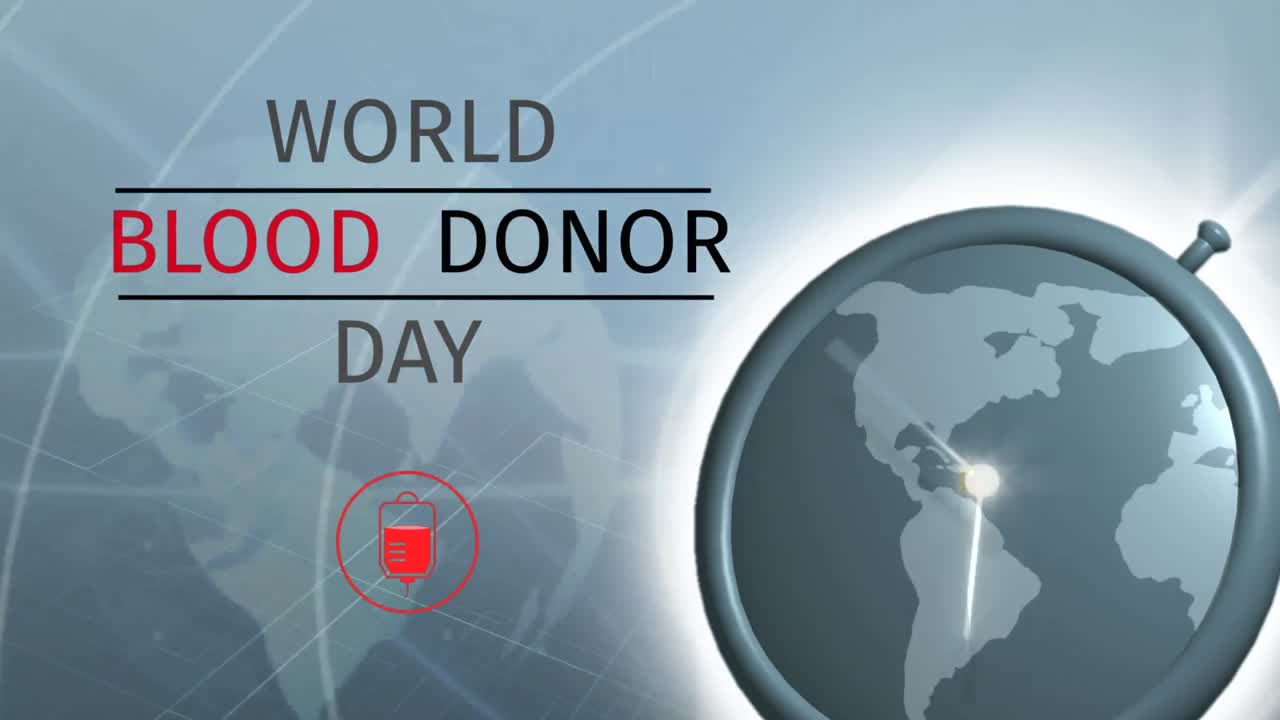 Animatie van de tekst 'Wereld Bloeddonordag' over een wereldbol en een bloedzak