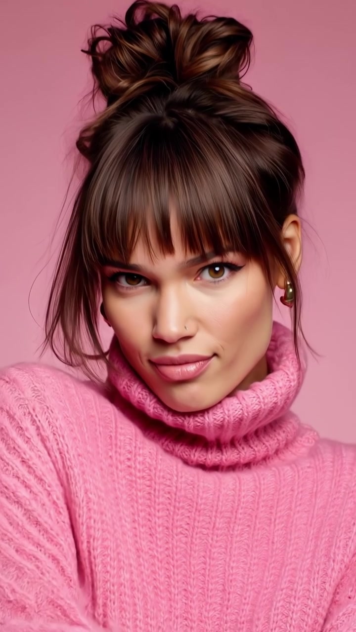 Giovane donna giocosa con un maglione rosa che fa l'occhiolino e sorride su sfondo rosa