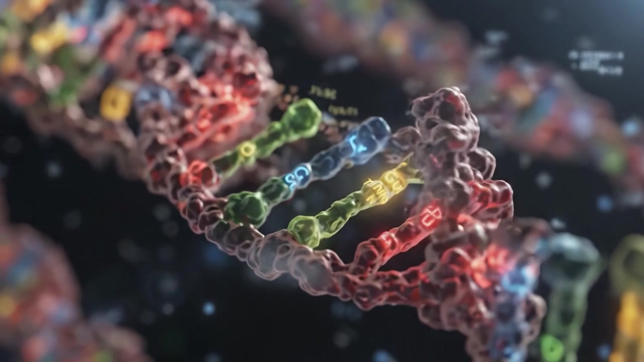 A Detailed View of DNA Structure Highlighting the Complexity and Beauty of Genetic Molecules Intertwined in a Colorful Representation