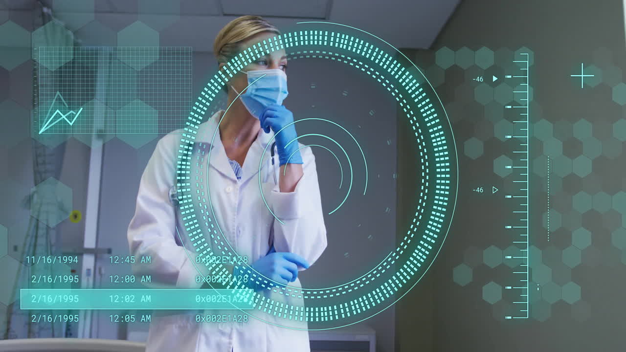 Animation of scope scanning and data processing over caucasian female doctor in hospital