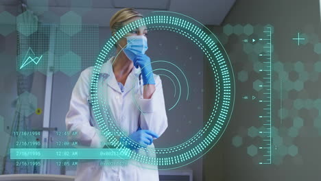 animation of scope scanning and data processing over caucasian female doctor in hospital