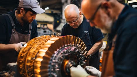 skilled technicians assembling a complex engine component in a workshop