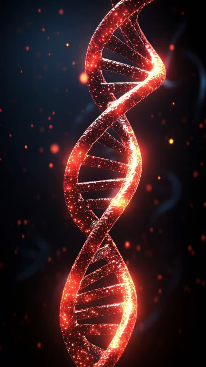 Elica di DNA rossa luminosa su uno sfondo scuro, ripresa da un'angolazione bassa, che ricorda un video di fantascienza