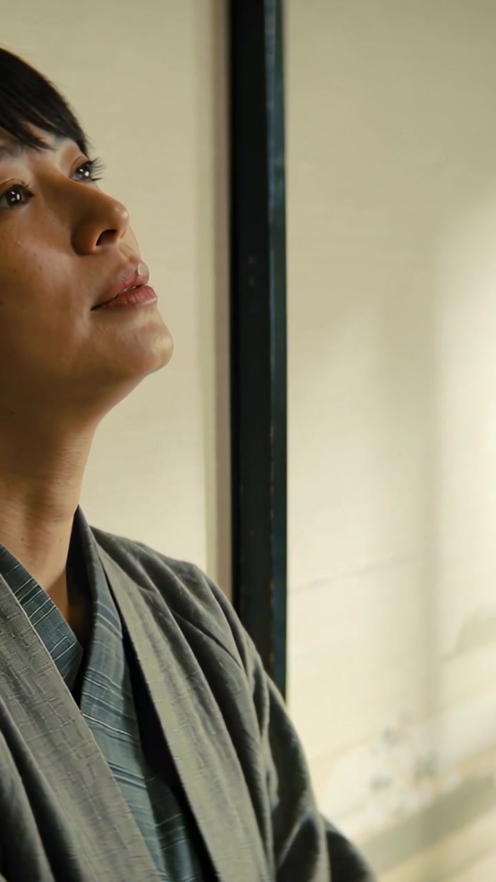 Vertical video: Inhaling, Asian woman in grey robe lifting chin, gazing near dark frame, copy space