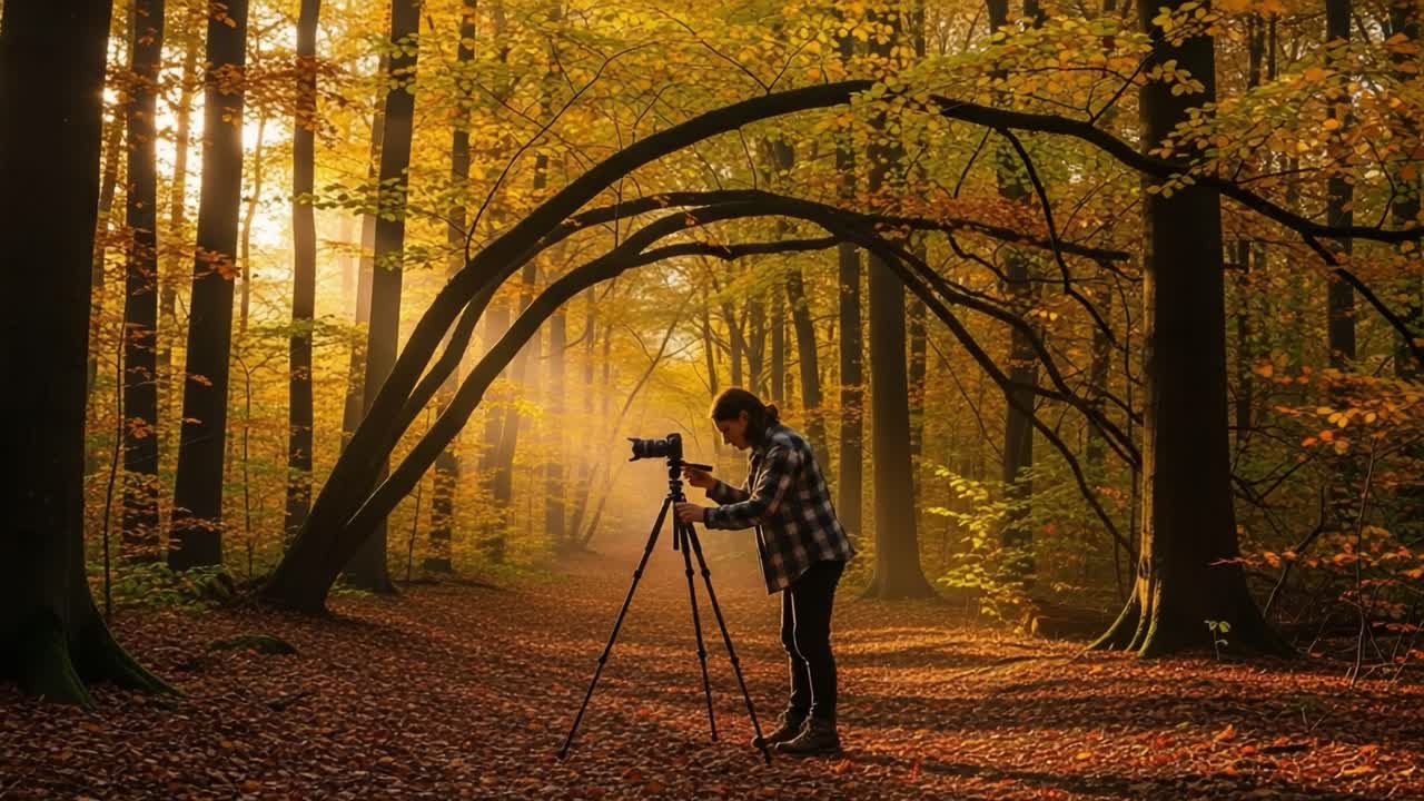 Capturando a Beleza do Outono: Um Fotógrafo Imerso na Natureza Entre a Vibrante Folhagem de Outono Num Cenário de Floresta Sereno