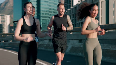 Group,-race-or-people-in-city-running-on-road