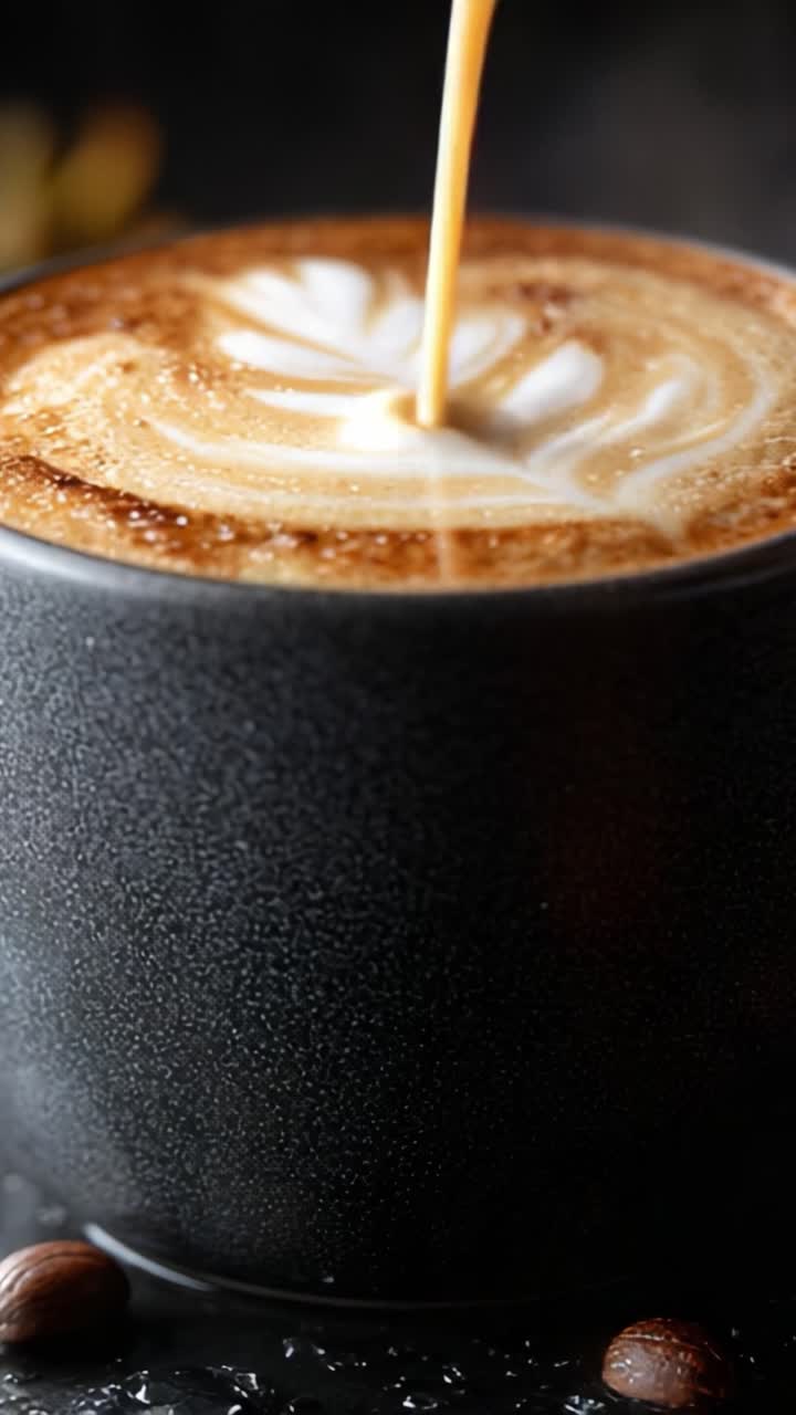 Ricco e cremoso, latte art in un'elegante tazza nera: una miscela perfetta di caffè e presentazione estetica per gli amanti dell'espresso di tutto il mondo