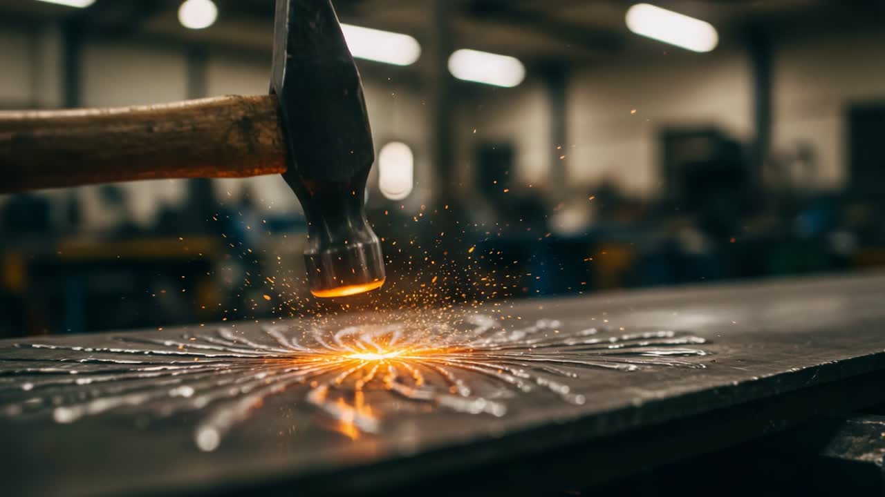 Craftsmanship in Action: A Blacksmith Hammers Red-Hot Metal, Creating Sparks and Shape in a Workshop Environment