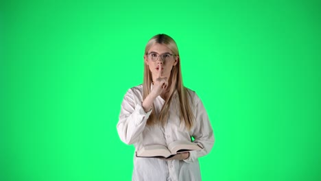 female blond hair teacher showing to quiet gesture