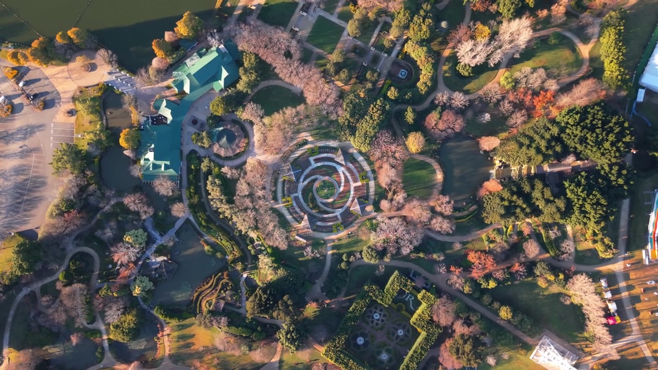 Aerial top-down of spiral garden at Hunter Valley Gardens in Pokolbin at sunrise, drone orbit