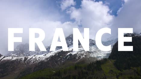 paisaje montañoso nevado en los alpes en francia con gráfico animado que deletrea francia