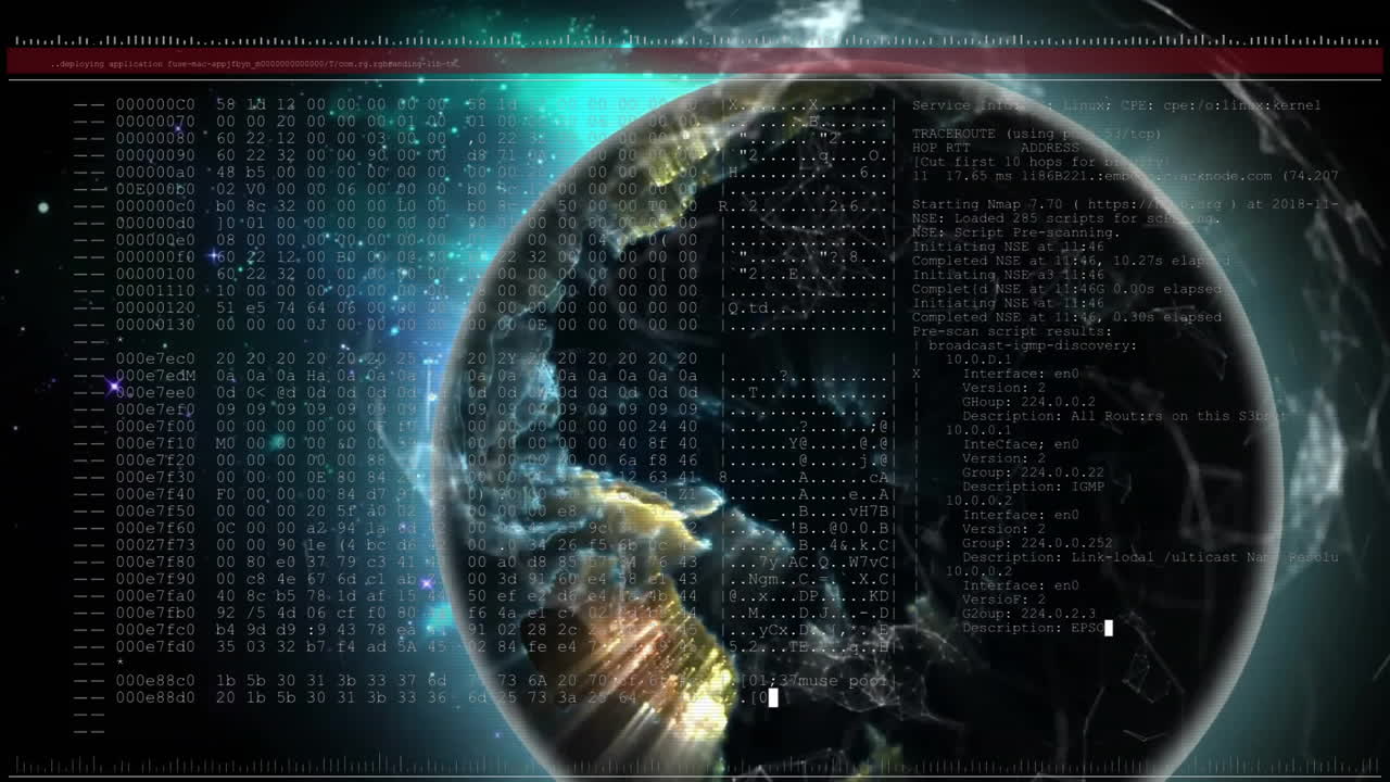 검은 바탕에 전 세계에 대한 데이터 처리의 애니메이션