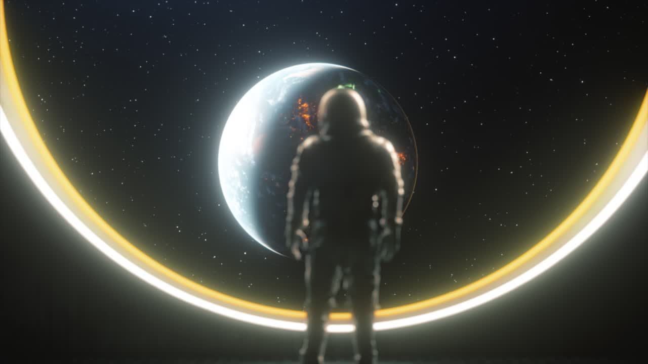 우주 비행사가 우주 반지를 통해 우주를 상하고 있습니다.