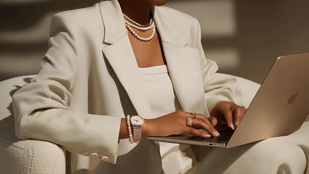 Elegant Professional Woman in a Cream Suit Typing on a Laptop with Stylish Accessories, Capturing the Essence of Modern Fashion and Productivity