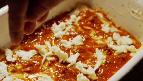 verter queso mozzarella durante la preparación de lasaña tradicional casera