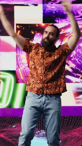 vertical video dj influencer dancing around the club with electronic beats and artistic visuals