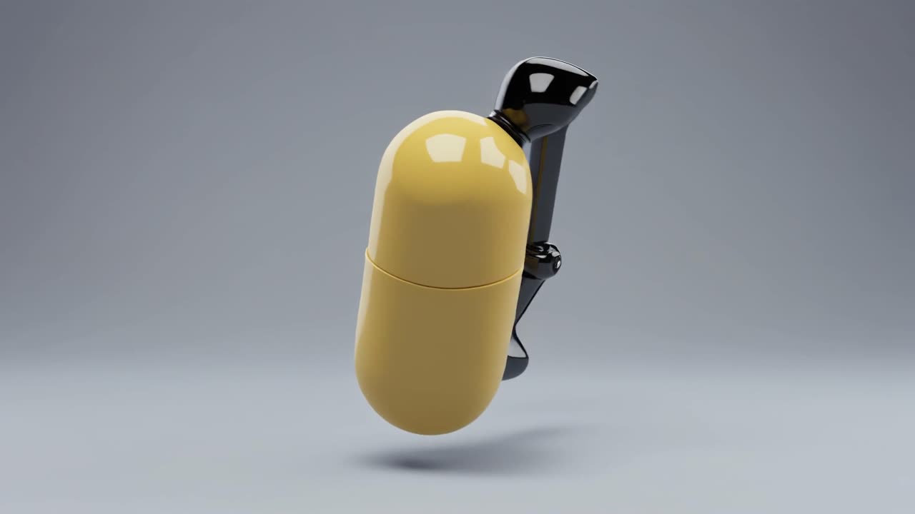 Braccio Robotico Futuristico Collegato a una Capsula Medica Gialla