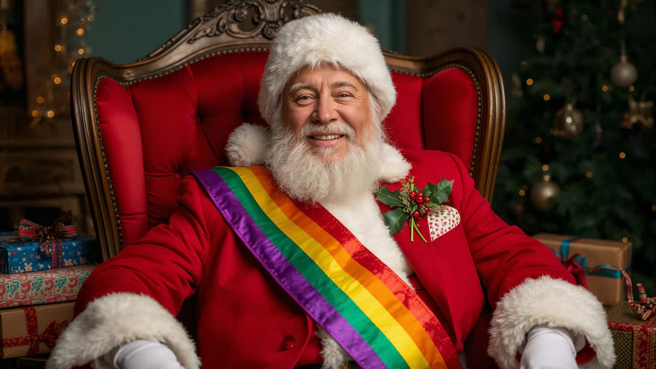 Camera rolling, Santa in red suit and rainbow sash delivering greeting in ornate armchair on set